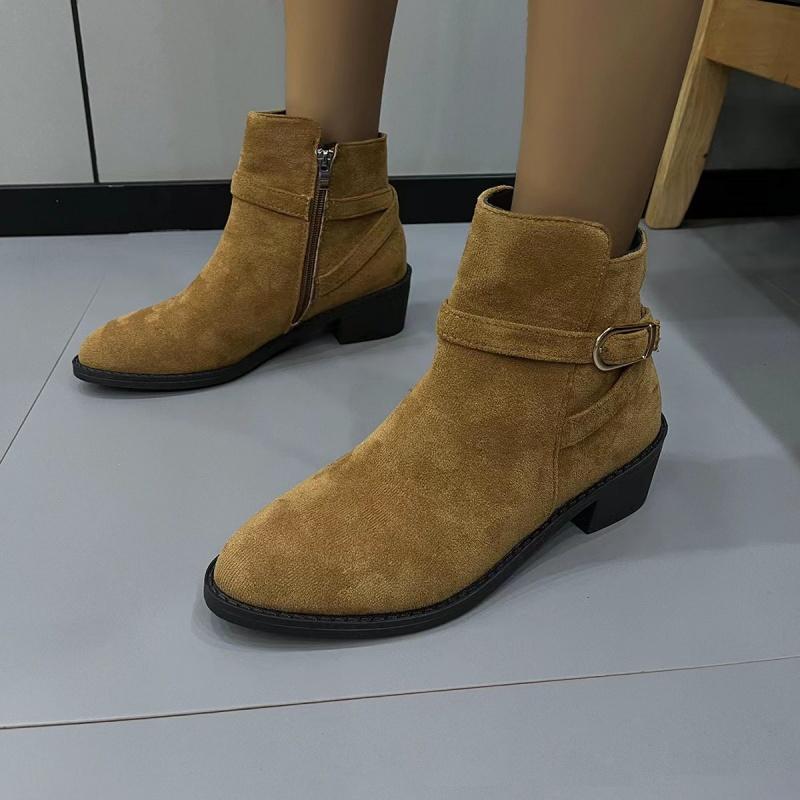 Fashionable Round Toe Elegant Square Heel Side Zipper Comfortable Short Boots New Pin Buckle Sexy Winter Women's Shoes Botas