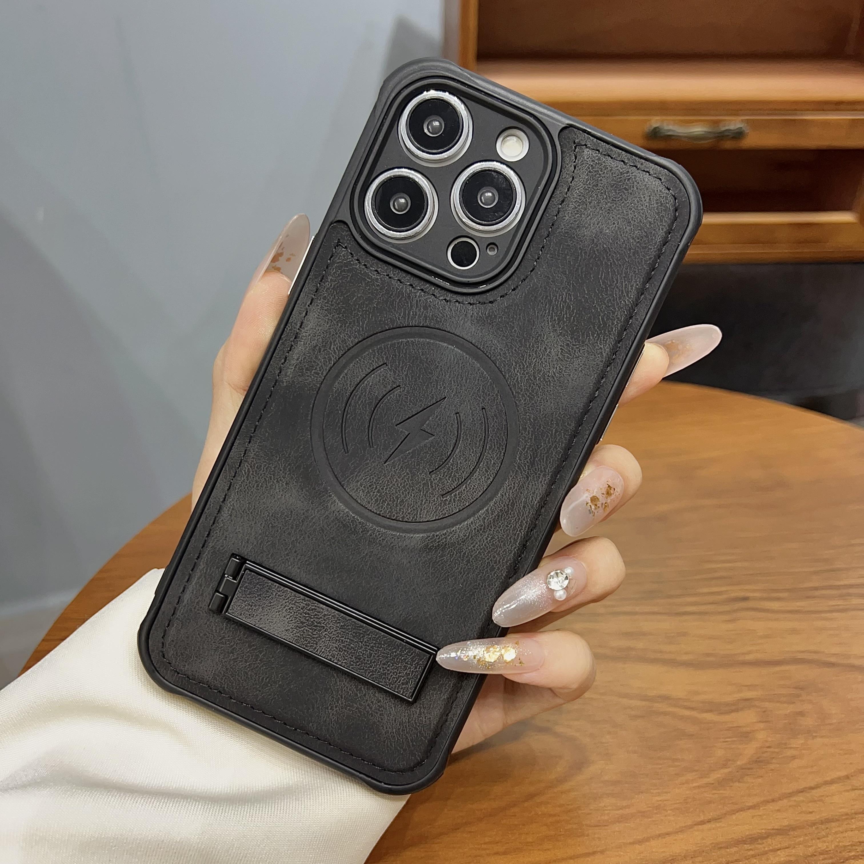 

Invisible bracket Kickstand Leather Wireless Charging Leather Case For iPhone 15 Pro Max 14 Plus 13 12 11 Magnetic Skin Cover For iPhone 15ProMax чёрный