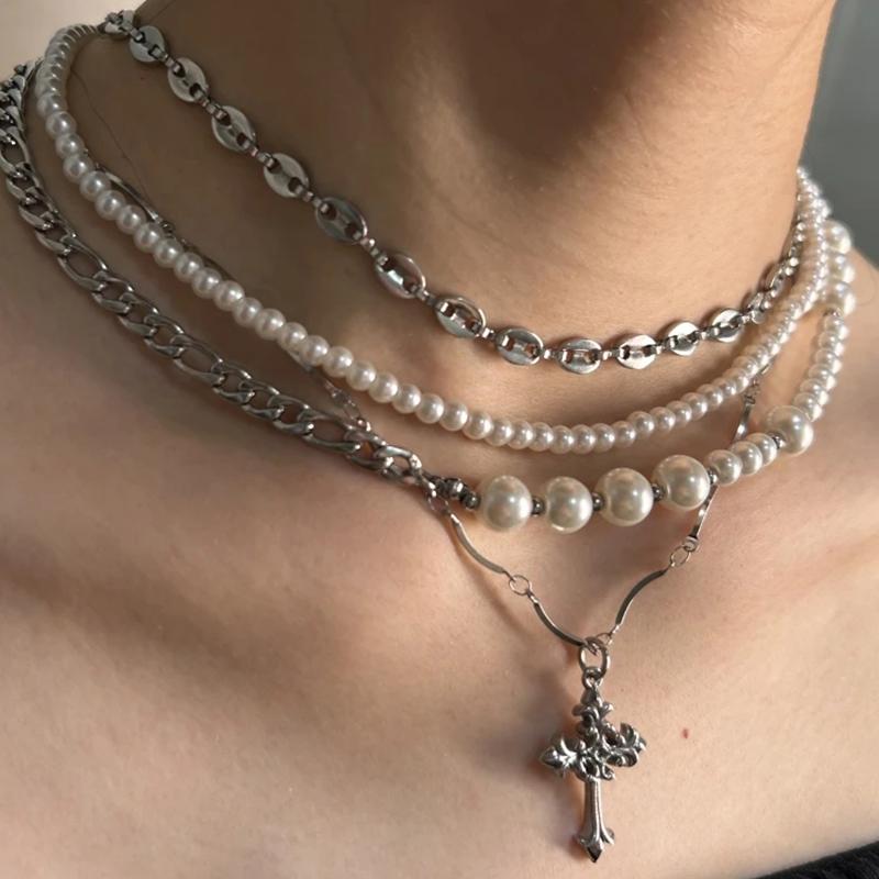 Hot Selling Goth Rose Flower Imitation Pearl Cross Pendant Necklace for MenMulti Layers Simulated Pearl Aesthetic Vintage Luxury