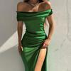 Women Sexy One Shoulder Dress Women's Green off-Shoulder Slit Dress