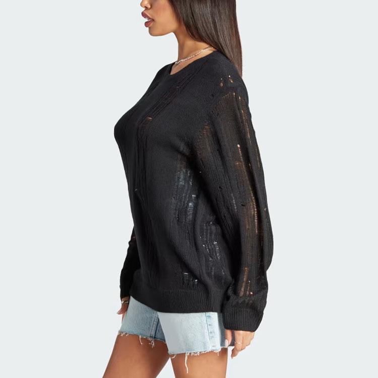 Adidas Blue Version Knit Sweater Solid Color Round Neck Loose Long Sleeve Sweater Women Sweater Black IL8532