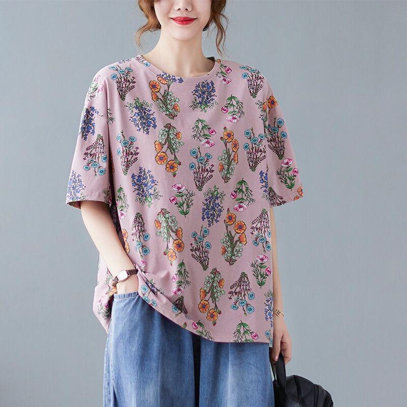 

Новая женская футболка с коротким рукавом с цветочным принтом больших размеров, женская одежда, весенне-летняя базовая футболка, повседневный литературный топ, свободный и тонкий 4XL