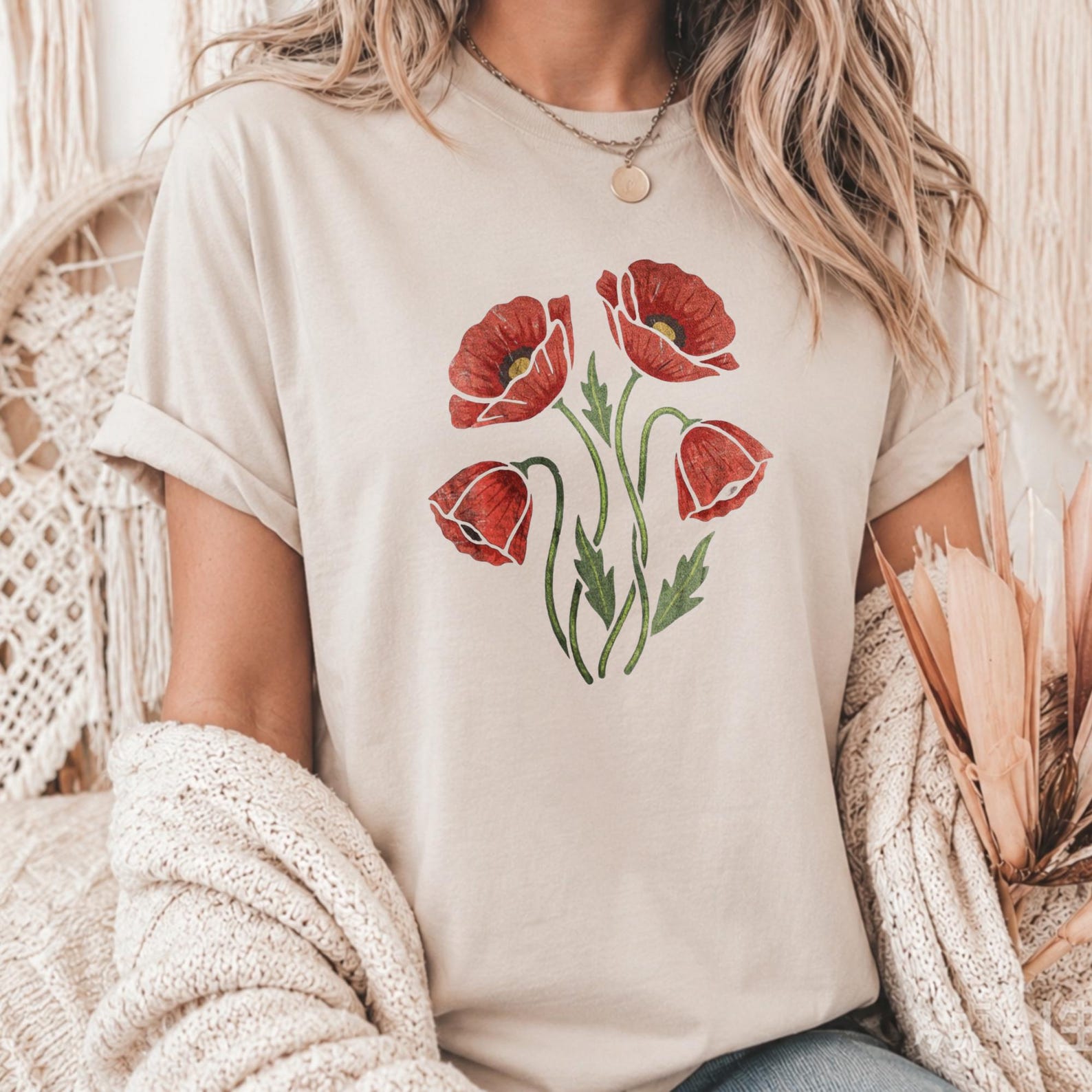 Vintage Red Poppy Floral Graphic Tee, Hand Drawn Wild Poppy Stem Print Top,Minimalist Botanical Flower Casual Shirt, Garden Nature Lover Tee M
