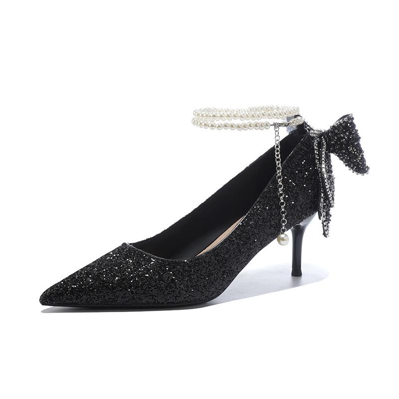 New Black Crystal Sequin Pearl Bow High Heels Wedding Shoes