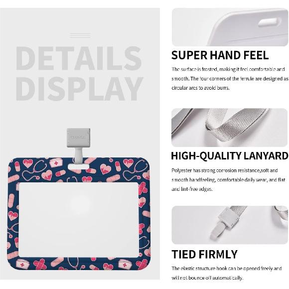 Nurse Pattern Cute Horizontal ID Badge Holder with Lanyard for Women Girly Girls Clip Name Tag Card Personalized Case Hard Plastic Protector Cover