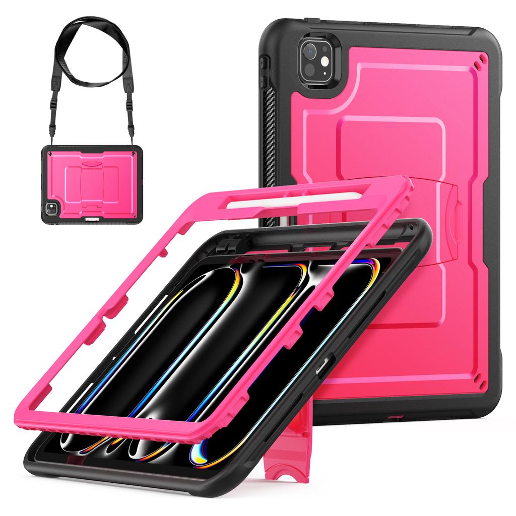For iPad Pro 11 (2025)/11 (2024) Case Hidden Zinc Alloy Kickstand PC + TPE Tablet Cover with Shoulder Strap