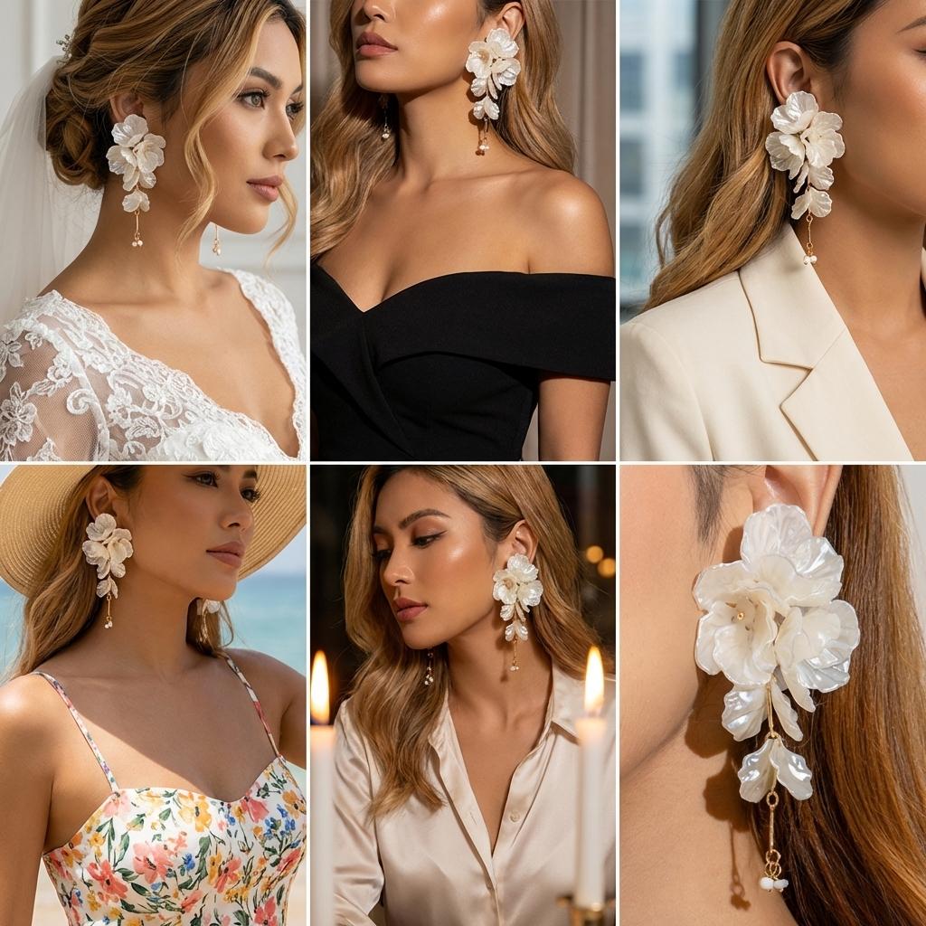 Elegant White Petal Flower Tassel Drop Earrings for Women Exaggerated Acrylic Shell Flower Earrings Wedding Party Jewelry