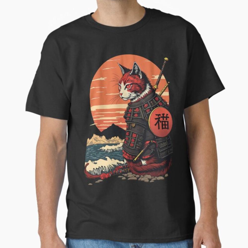 Самурайский Кот Винтажный Укиё-э Воинское Искусство Графический Кот Искусство Футболка Унисекс Футболка S