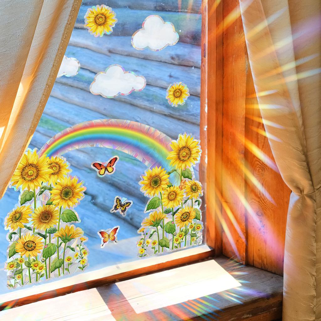 Xc6068 Sonnenblume Regenbogen Wolke Schmetterling Fensteraufkleber Sonnenschein Bunt Statischer Glasaufkleber Doppelseitiger Visueller Fensteraufkleber