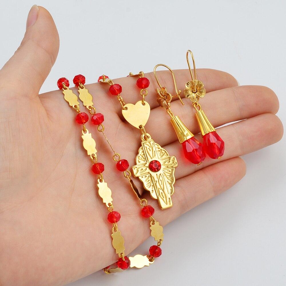 Anniyo Hawaiian Jewelry sets Flower Cross Pendant Necklaces Earrings Crystal Bead Ball Chains Guam Micronesia Chuuk #252106