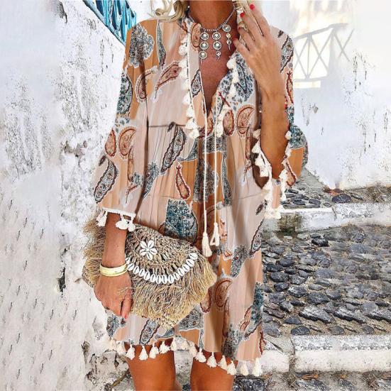 Beach Dress Geometric Print Tassel Women V Neck 3/4 Sleeve Dress for Vacation