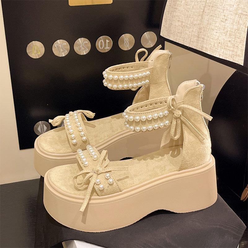 

Fashion pearl platform sandals fairy wind spring and summer 2025 new with skirt Roman sandals ins tide 40 абрикосовый
