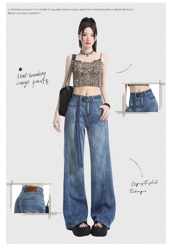 American Retro Lace-up Micro-pull Jeans Women's Autumn New Straight Loose High-waisted Thin Pants