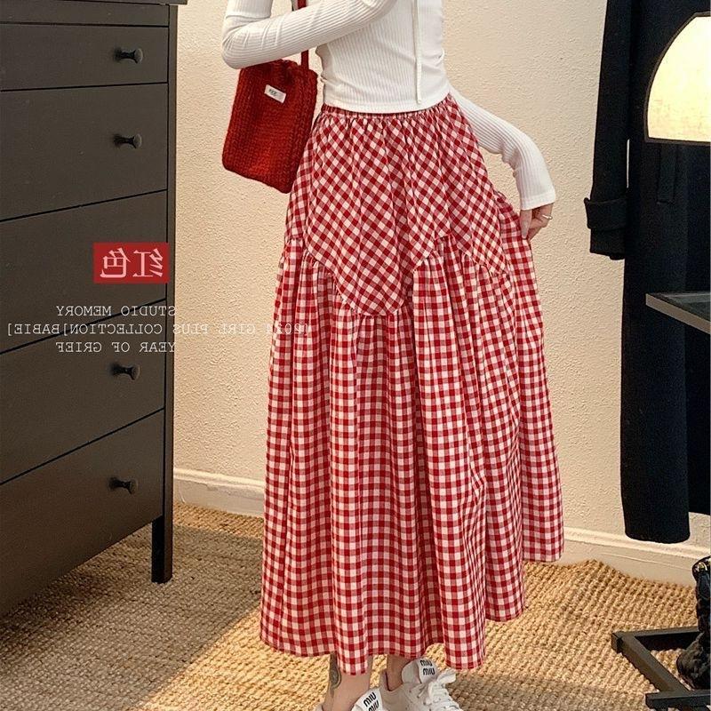 Retro-Karo-High-Waist-Pendel-A-Linien-Rock Damen Neu Vielseitig Dünn Lässig Mittel und Lang