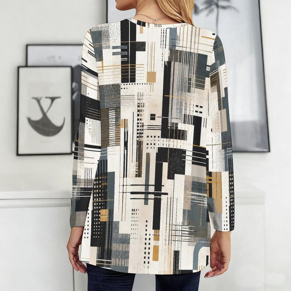 Women Plus Size Round Neck Long Sleeve Printed Blue White Loose Longline T Shirt With Pockets