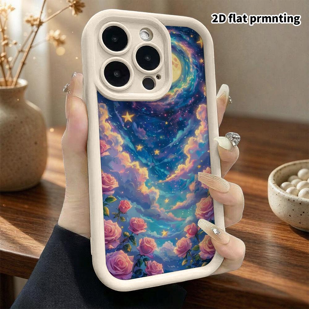 Phone Case: 2D Flat Design Suitable for iPhone 18 17 16 15 14 13 Pro Stepped Protective Case, Rose Starry Sky, Christmas and Halloween Gift