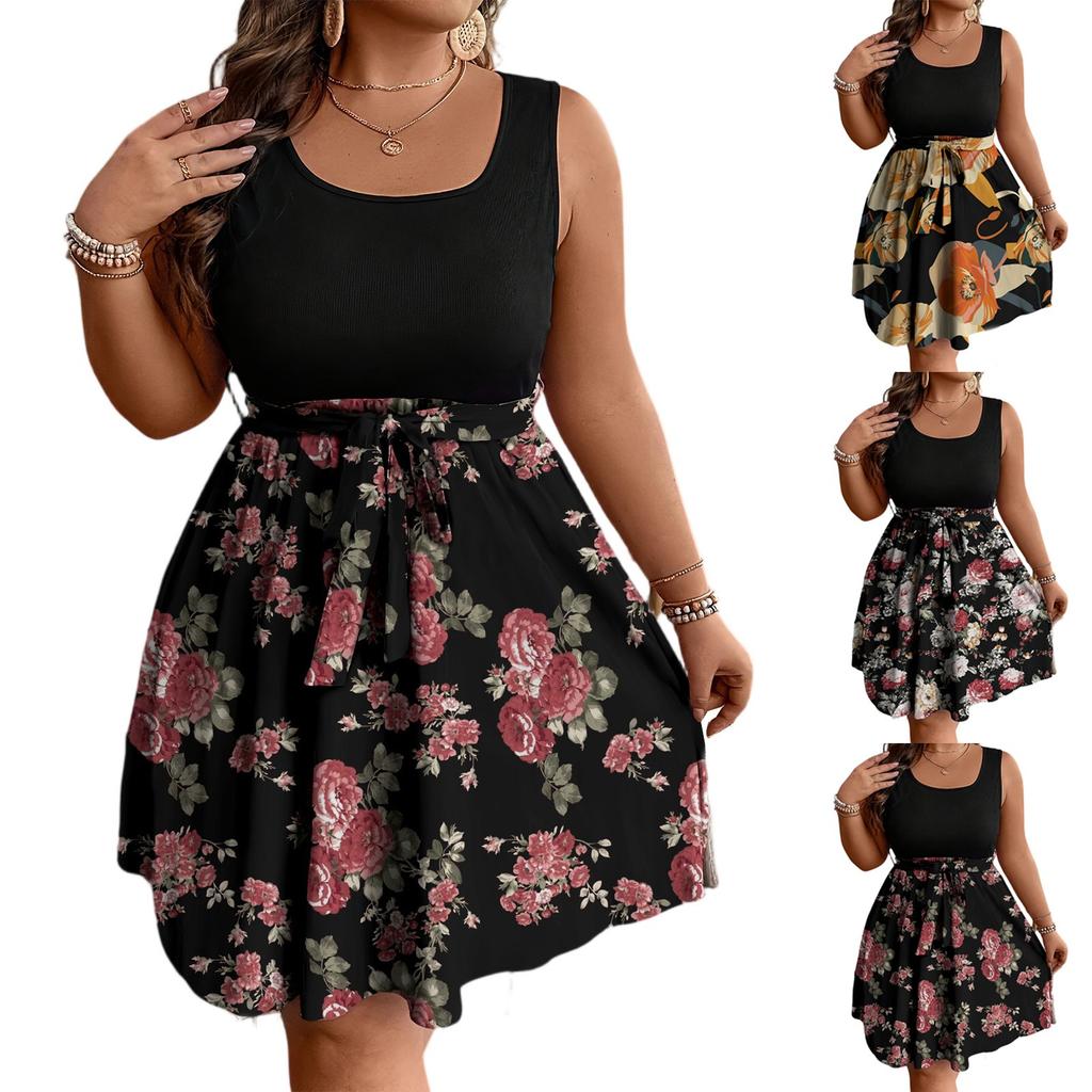 Women's Fashionable Casual Color Blocked Printed Sleeveless Waist Dress In Large Size