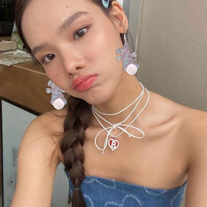Acrylic Rabbit Plush Ball Drop Earrings Colorful Sequins Charm Earrings Jewelry