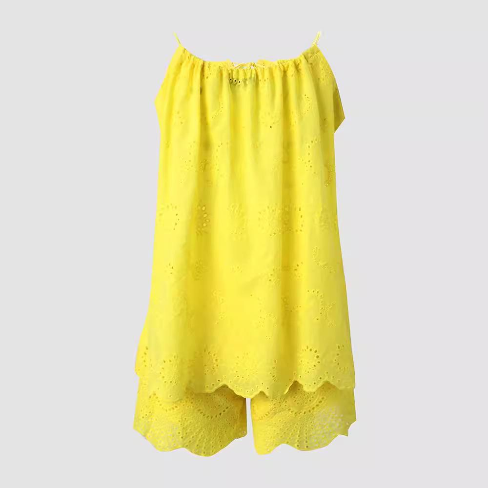 2023 Sleeveless Ruffle Camisole & Embroidered Cotton Shorts Set