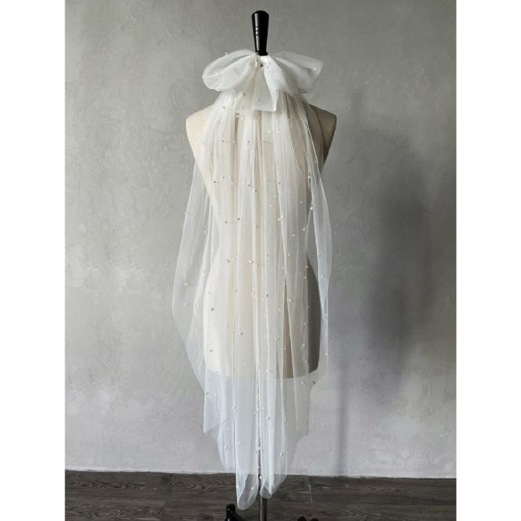 Flower Girl Veil Pearls Bow Hair Wedding Headpeice White Sheer Head Covering