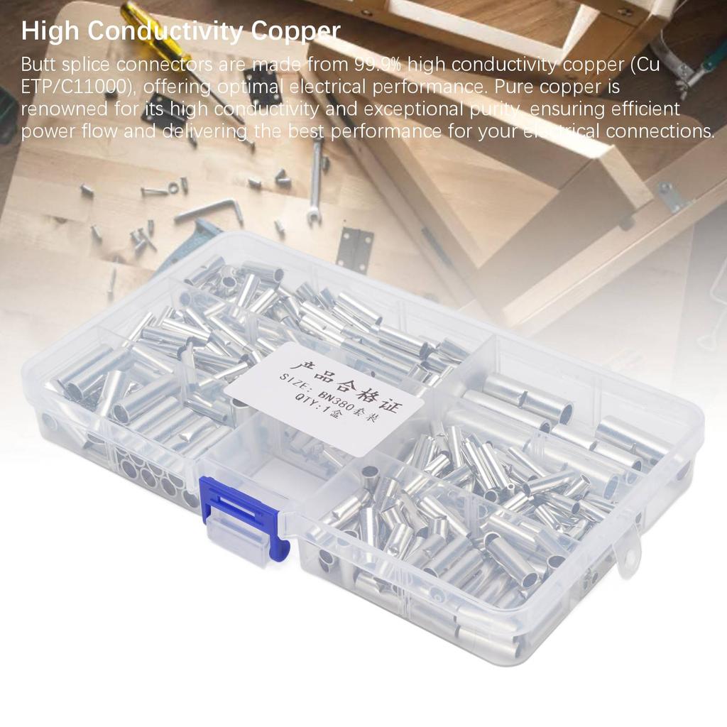 380PCS Non Insulated Butt Connectors Tinned Copper Uninsulated Wire Butt Splice Connectors for 26
