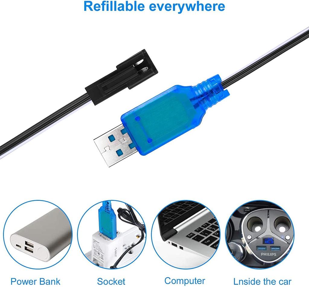 2-Pack USB Charging Cables with SM-2P Connector | 250mAh Output for 6V Ni-MH Batteries | Ideal for RC Cars, Model Toys, RC Helicopters – Blue