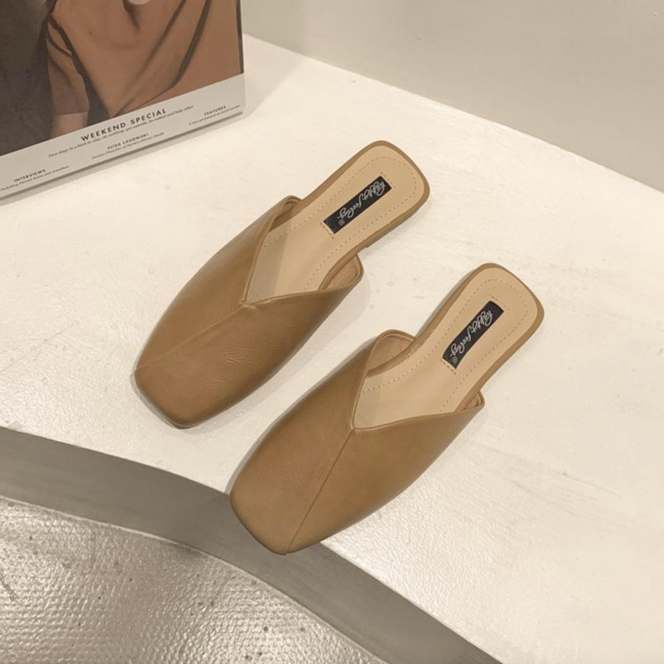 

2025 summer Korean version of the new pleated bag head, wearing half-drag women s shoes, fashion lazy flat-soled muller shoes women 39 хакі