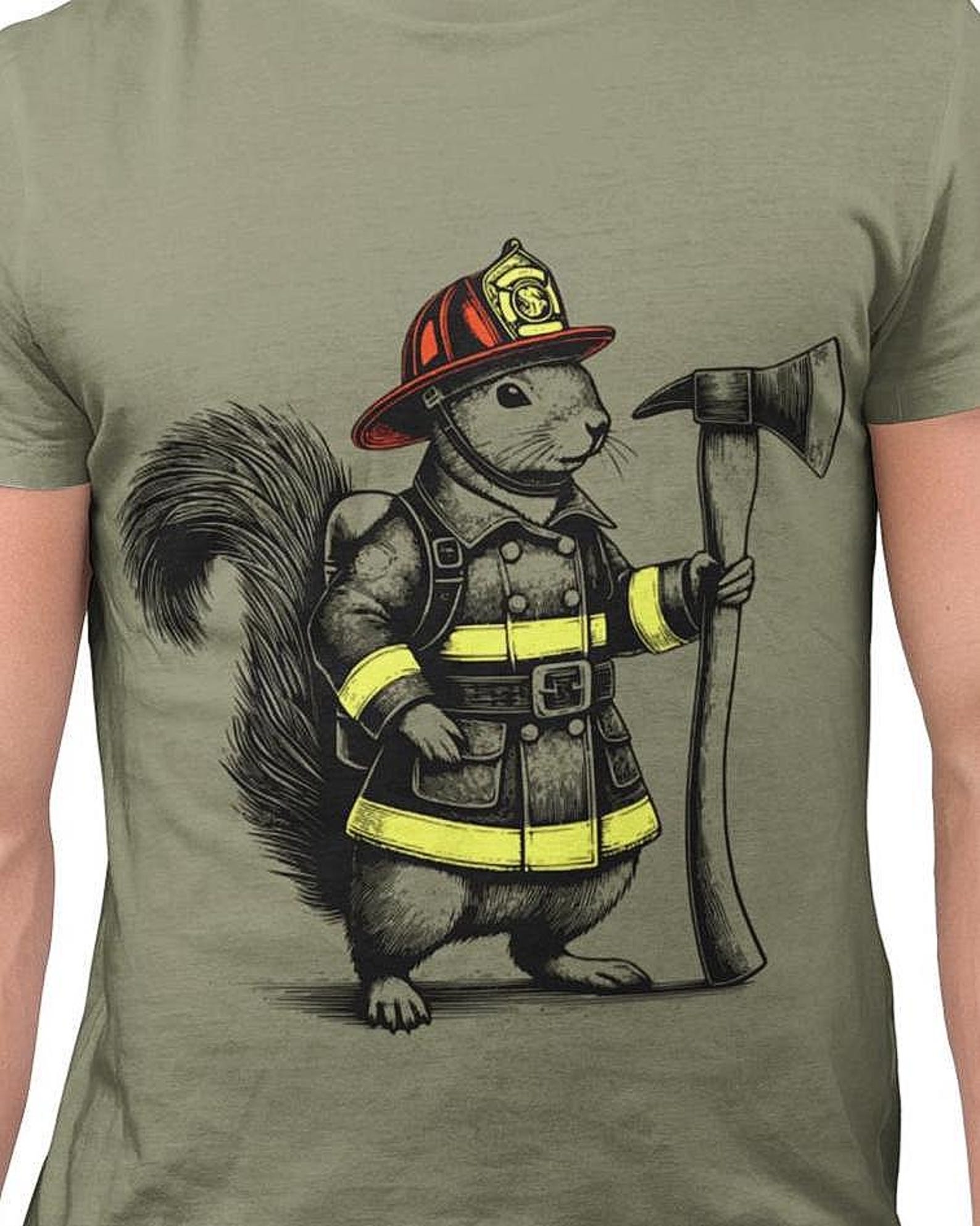 Firefighter Squirrel T-Shirt: Vintage Engraving Style First Responder Gift M