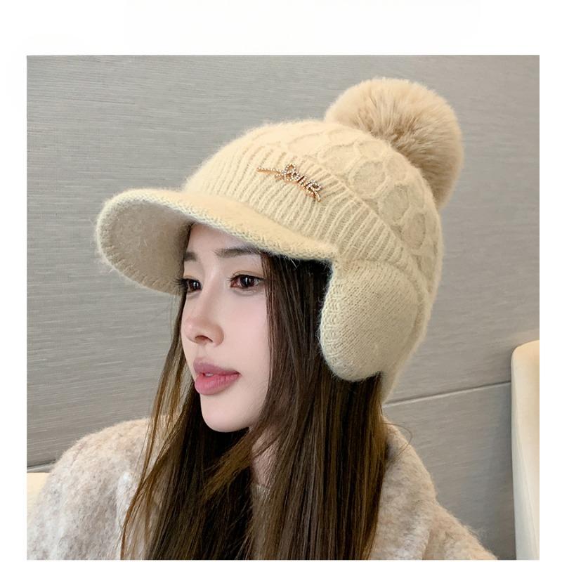 Casquette de baseball de luxe haut de gamme en fourrure de lapin avec diamants pour femmes, hiver, épaisse, protection des oreilles et du visage, pompon en fourrure, bonnet tricoté