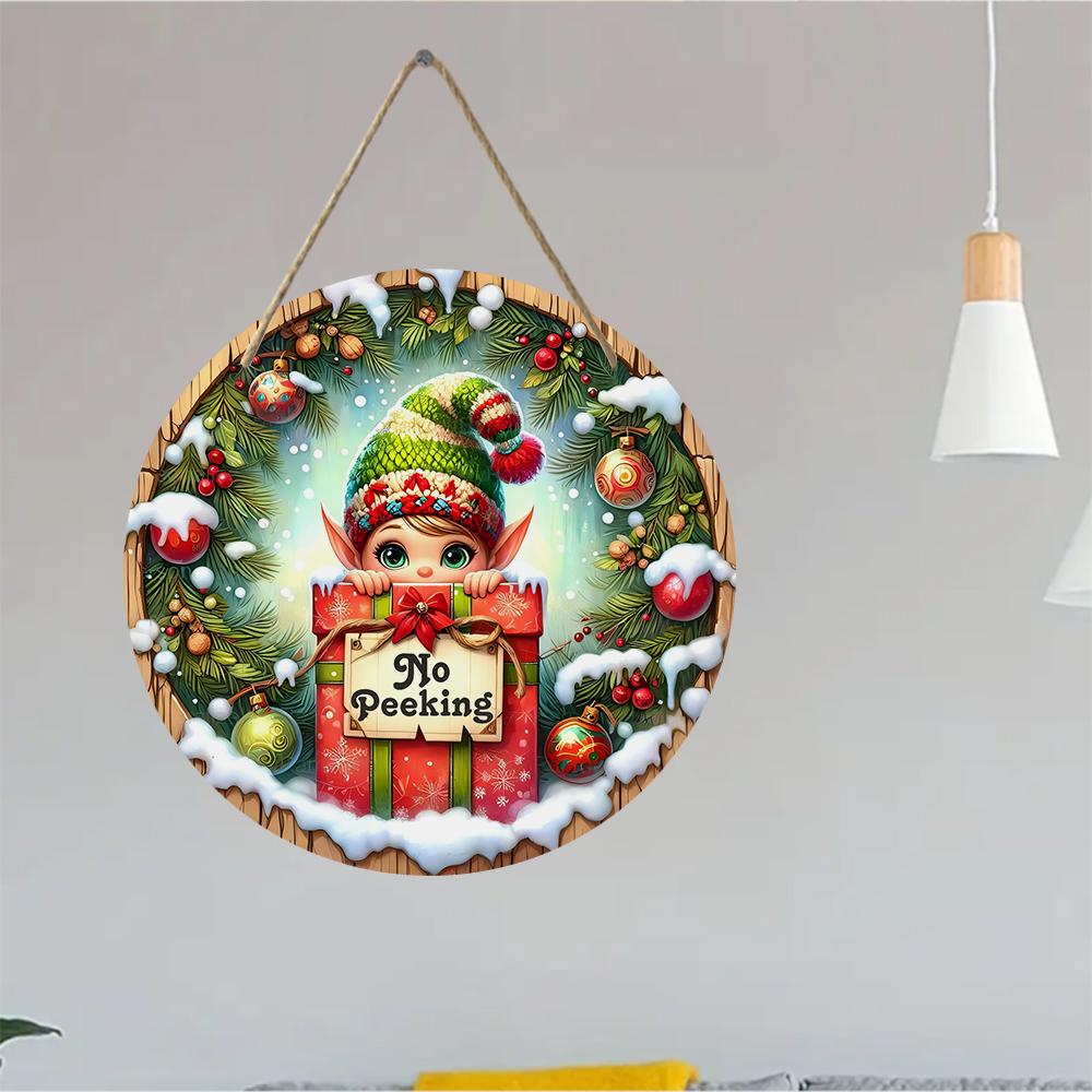 Christmas elf no peeking design Round Wooden Hanging Plaque festive pine wreath wall sign farmhouse indoor outdoor holiday party decor