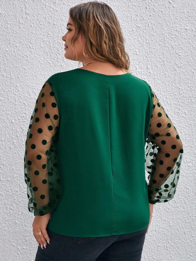 Plus Size Women's Mesh Patchwork Long Sleeve Solid Color Shirt