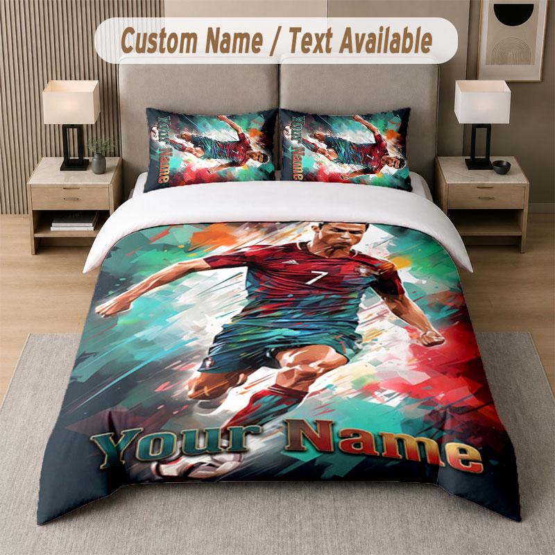Set Biancheria da Letto Personalizzato Modello Cristiano Ronaldo, Stampa Nome Testo 1 Copripiumino più 2 Federe Tessile per la Casa