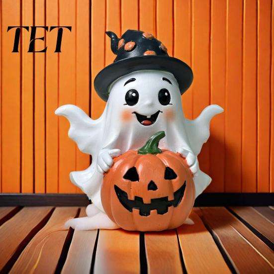Exquisite Craftsmanship Resin Art Halloween Ghost Decoration, Holding Pumpkin Figurine with Witch Adorable Set Hat, Spooky Cute Tabletop Decor
