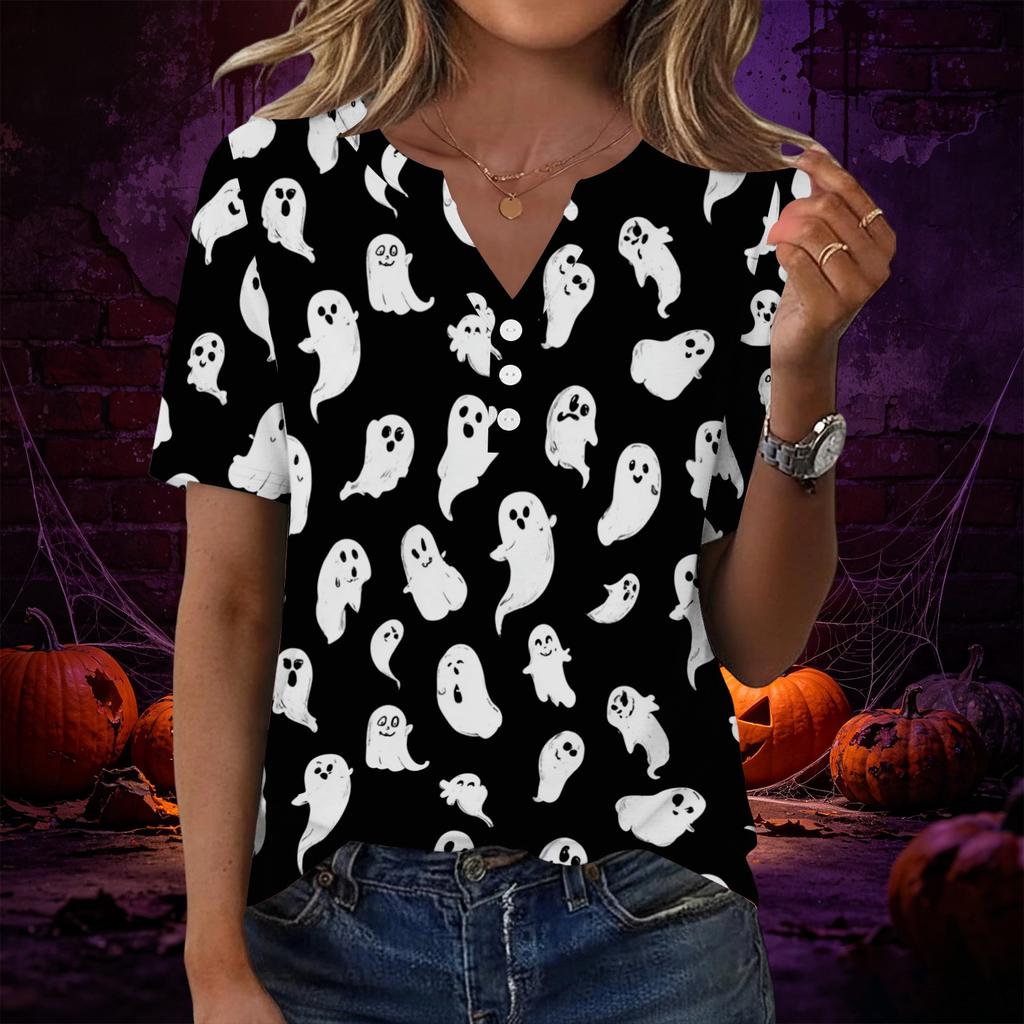 Women V Neck Short Sleeve Button Decor Top with Halloween Print Casual Loose Fit T Shirt for Daily Wear