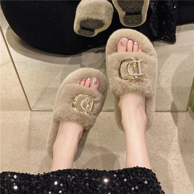 Wear Versatile Warm Winter Slippers Women Outer Velvet Cotton Winter Slippers Thick Bottom Word with Velvet Slippers Women
