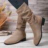 Versatile Metal Buckle Mid-Tube Boots Autumn Fashion Round Head Cow Suede Sleeve Soft Slip Single Boots