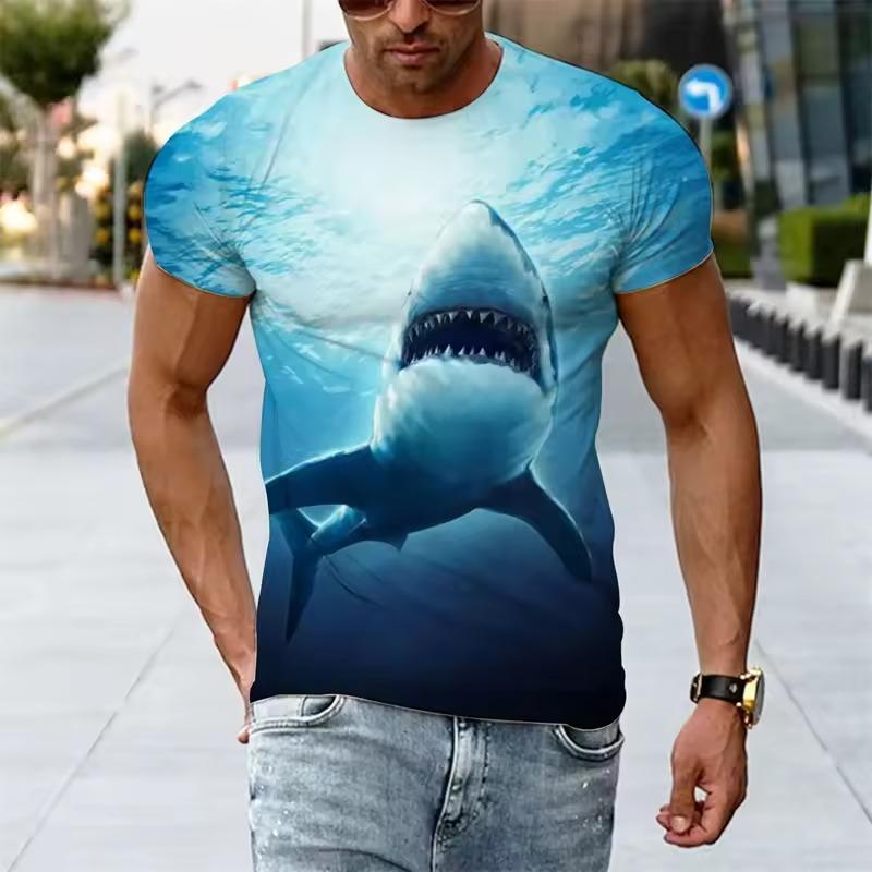 Fashionable Ocean Pattern T-shirt Shark 3d Printing Loose Comfortable Round Neck Short SleevesY2k Style Breathable Top