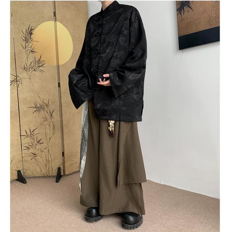 Male Hip Hop Gothic Tops Chinese Style Jacquard Dragon Shirt Harajuku Blouses Satin Streetwear Long Sleeve Tang Clothes