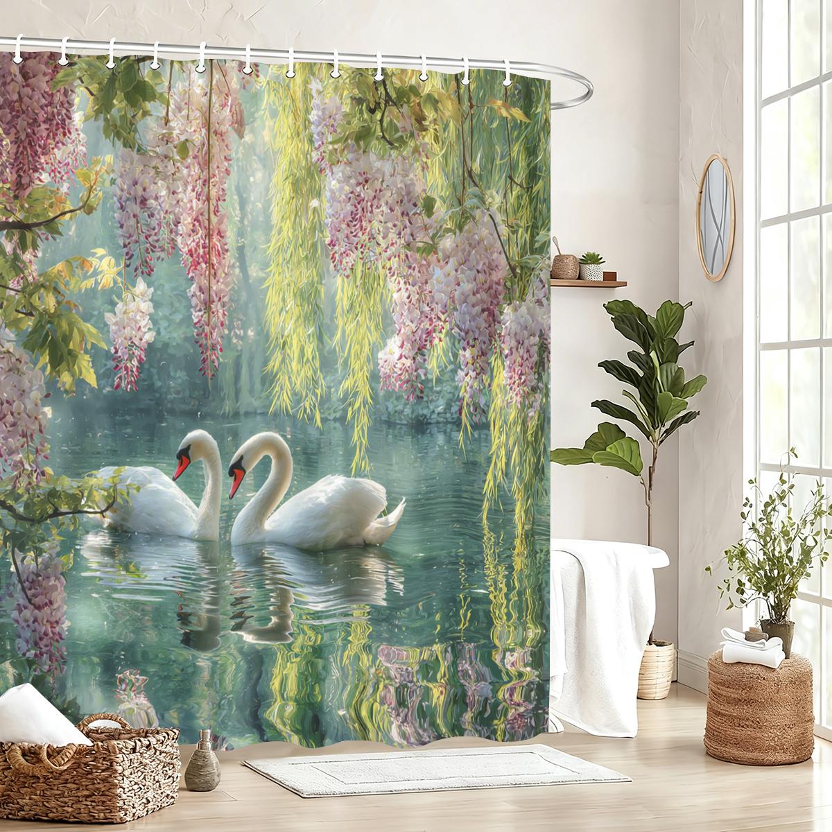 Jessica Chen Elegant Swan Pattern Polyester Shower Curtain - Charming Bathroom Decor, Stylish Bathtub Partition For Home Hotel