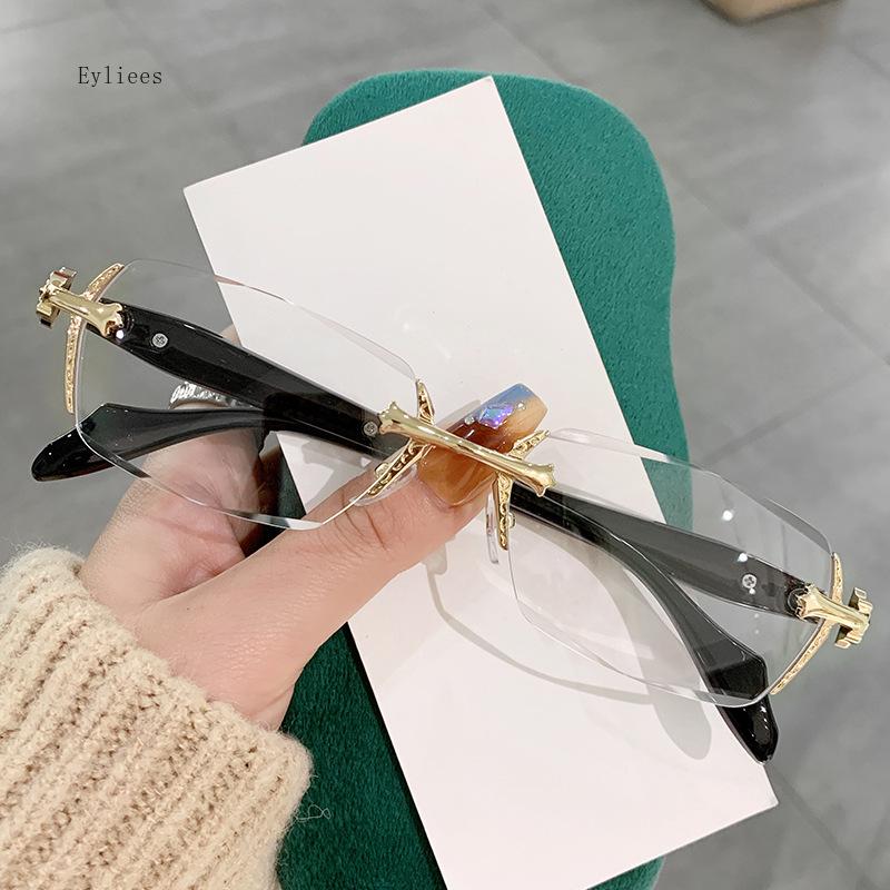 High Definition Photochromic Eye Spectacles Vintage Framesless Color Change Reading Spectacles Cut Edge Anti- Blue-Ray Presbyopia Spectacles