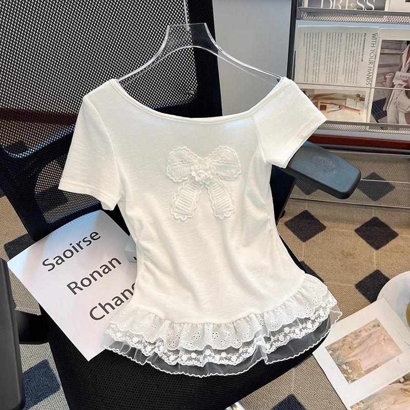 Korean version of high-end design diagonal neck off-the-shoulder short-sleeved summer new wear with splicing lace lace slim top