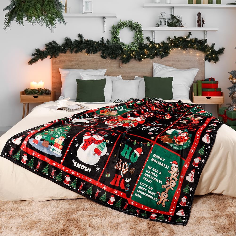 1PC Christmas Throw Blanket Santa Snowman Bed Blanket Winter Snowflake Blanket Warm Cozy Fuzzy Plush Couch Blanket Holiday Decor