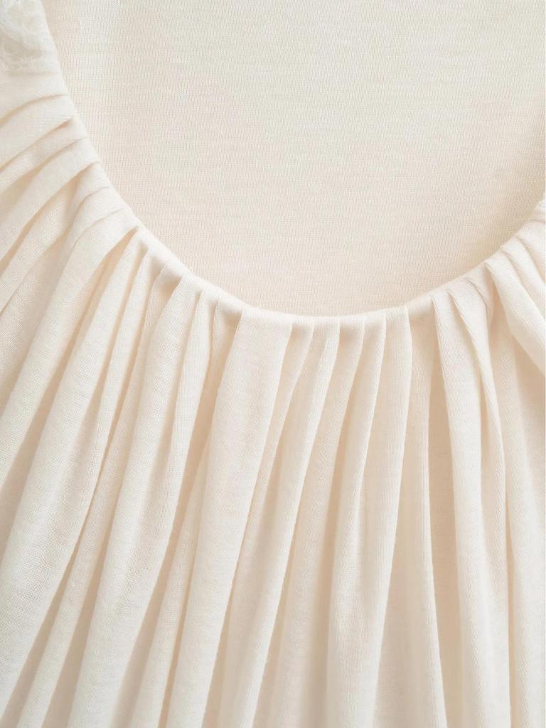 Double-Layer Lace Applique Comfortable Pleated U-Neck Long-Sleeve Feminine Waist-Slimming T-shirt