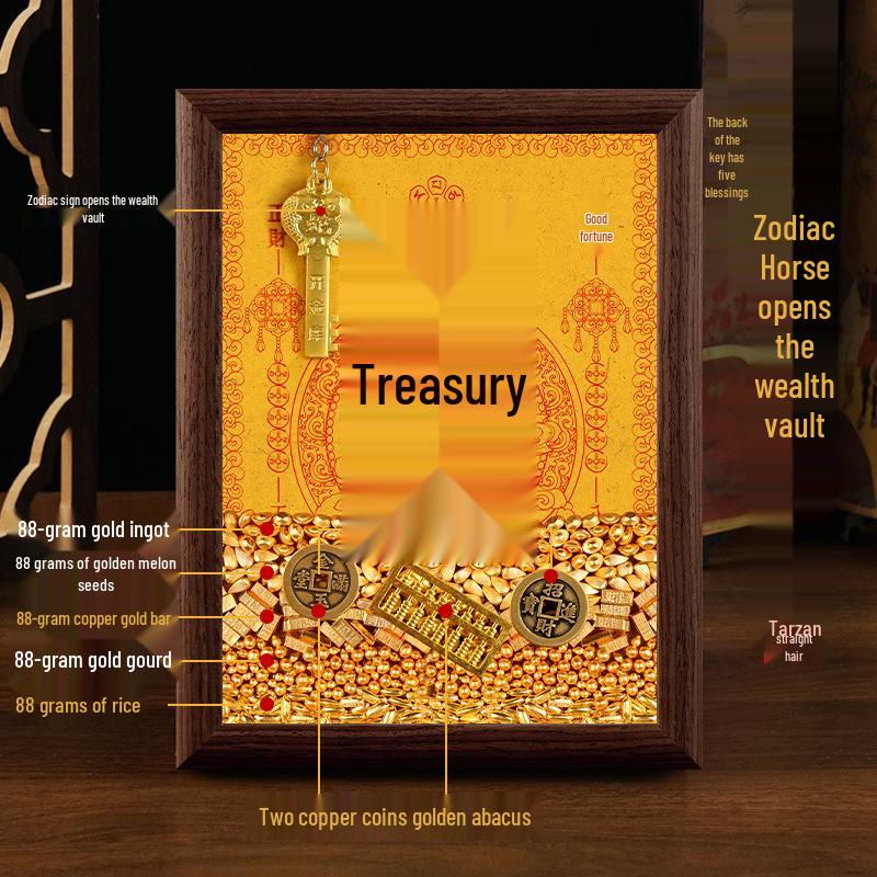 2025 Auspicious Open Wealth Photo Frame with Golden Key, Solid Wood Entrance Foyer, Zodiac Animals, Five Roads to Attract Wealth.