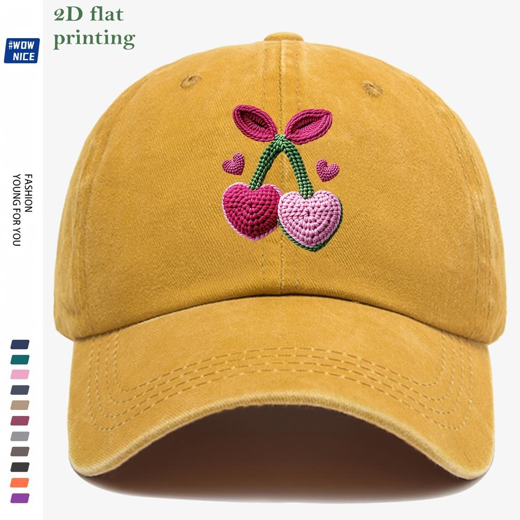 pc ThreeDimensional Flat IronOn Cherry Baseball Cap Crocheted PinkPurple Heart Cherries with Green Leaf Vines Accented wit
