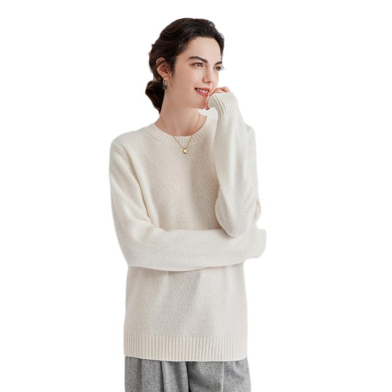 2024 Autumn/Winter Women's Cashmere Round Neck Loose Pullover Sweater - Solid Color Knit Base Layer