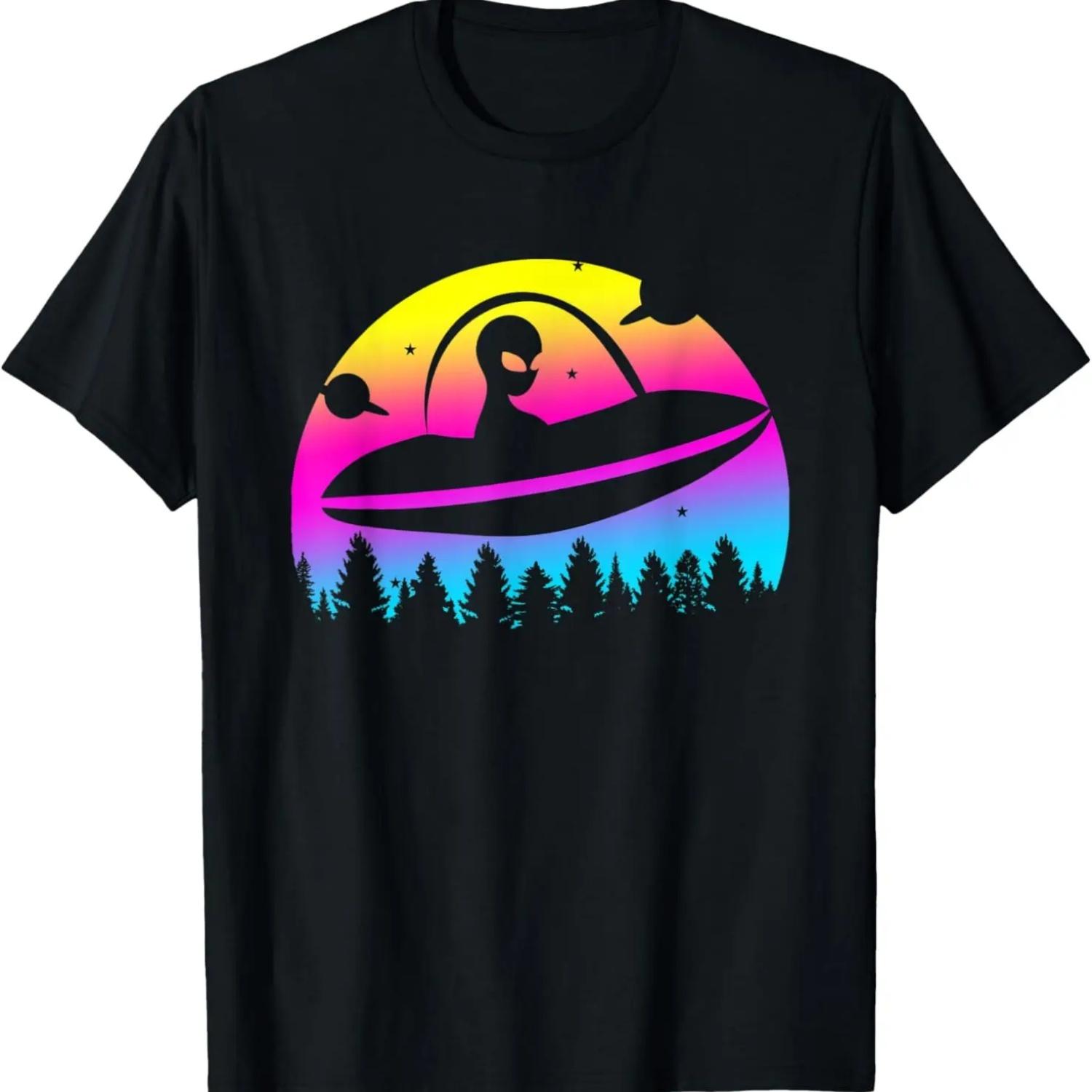 Alien Spaceship UFO UAP Colorful Retro Sunset Design T-Shirt S чёрный