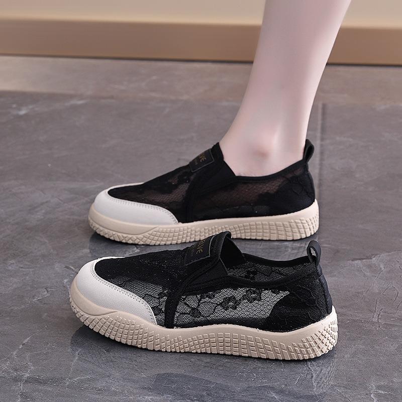 Women Breathable Lace Mesh Slip On Casual Flat Fisherman White Shoes
