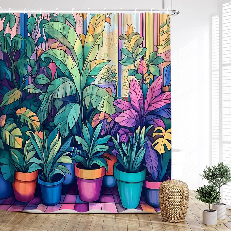 Colourful Tropical Plants Shower Curtains Desert Cactus Monstera Bonsai Leaves Bath Curtain Set Fabric Bathroom Decor with Hooks