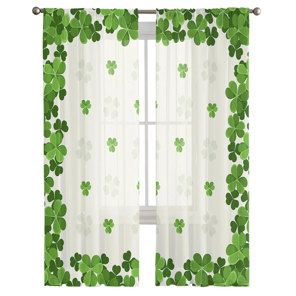 St Patrick Day Curtains Living Room Kitchen Clover Leaves Tulle Luck Wealth Irish Design Chiffon Curtain Light Filtering Polyester Area Window